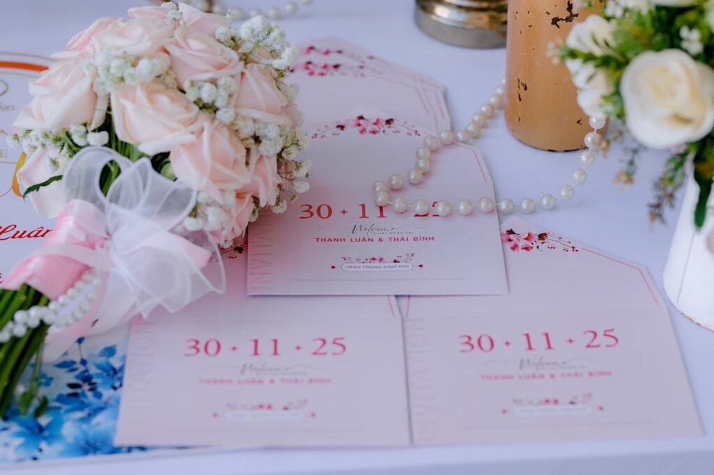 Beautiful pink wedding bouquet and invitations set for an elegant ceremony.